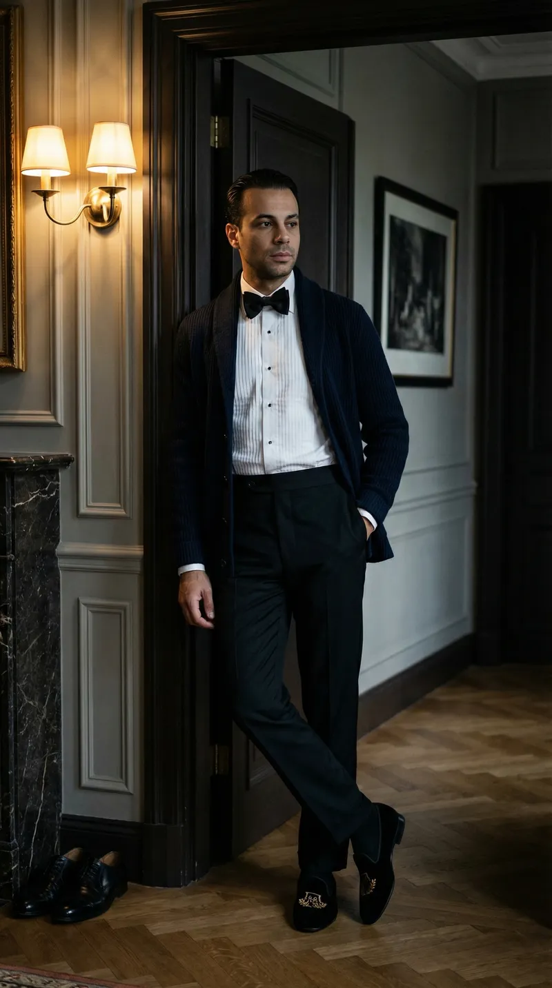 A premium, dark-luxe editorial portrait of a tall, lean man…