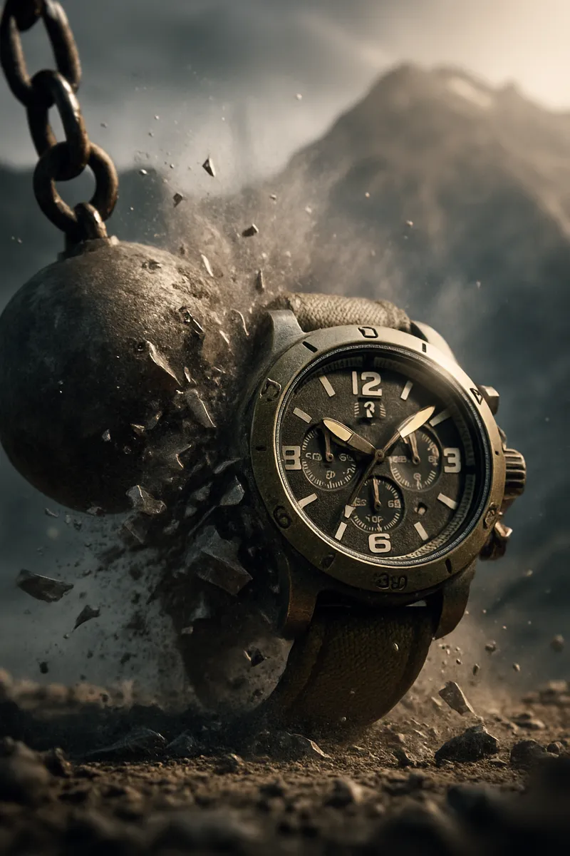 a rugged military-style watch withstands a massive impact fr…