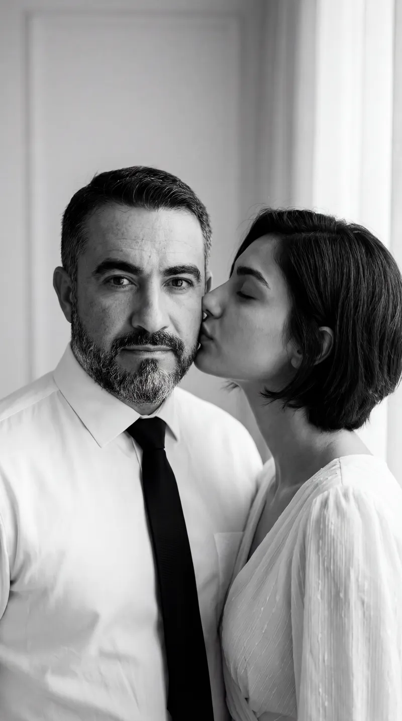 {
  "prompt": "A black and white intimate portrait of a fat…