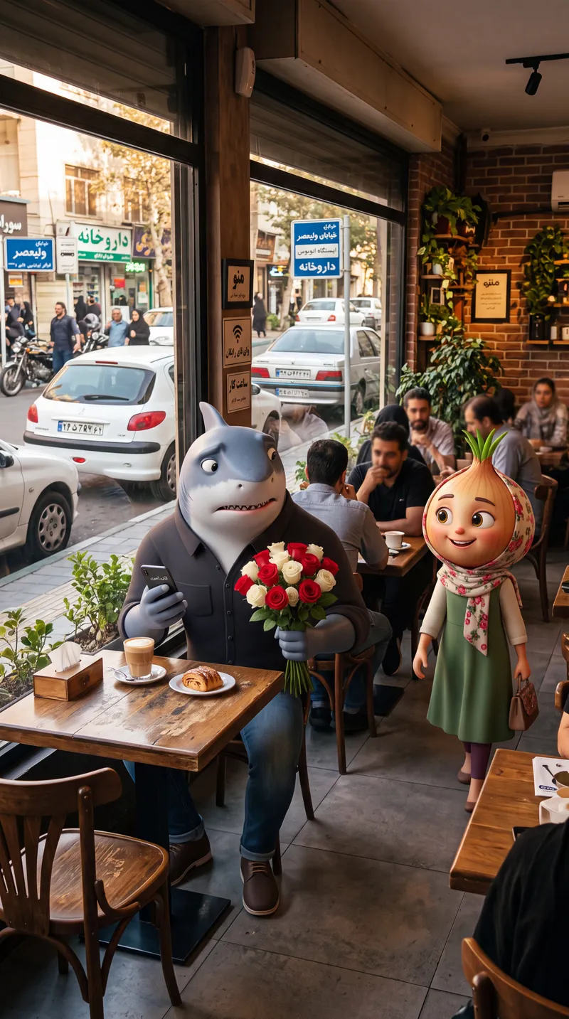 Place a stylized 3D handsome shark man sitting at a modern r…