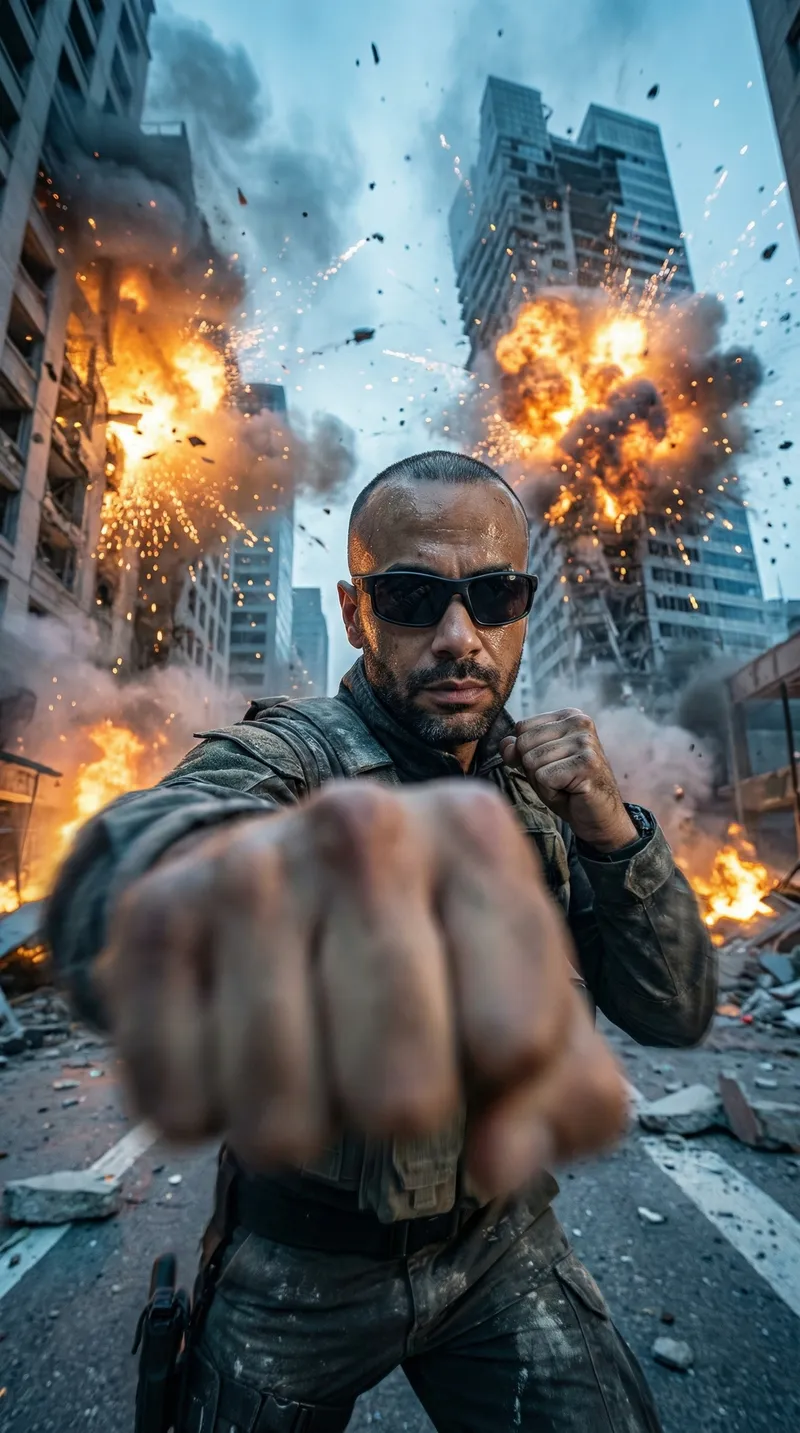 A hyper-realistic cinematic action shot featuring a powerful…