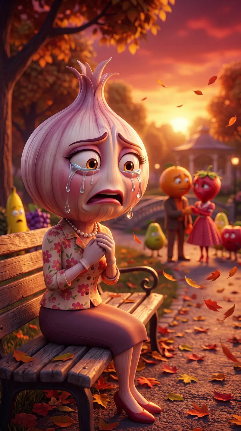 Place the onion woman sitting alone on a park bench at sunse…