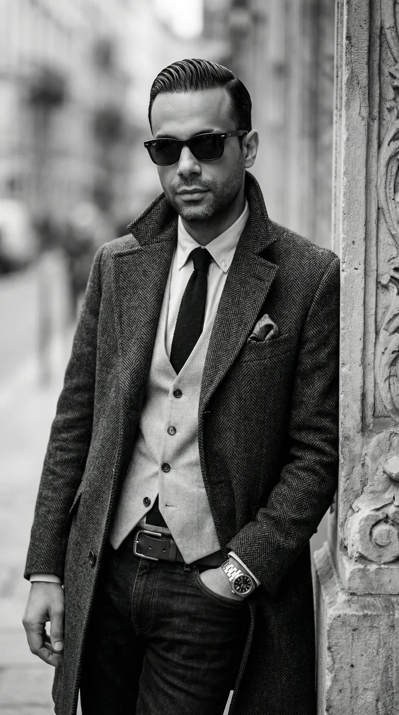 Create a premium black-and-white fashion editorial portrait…