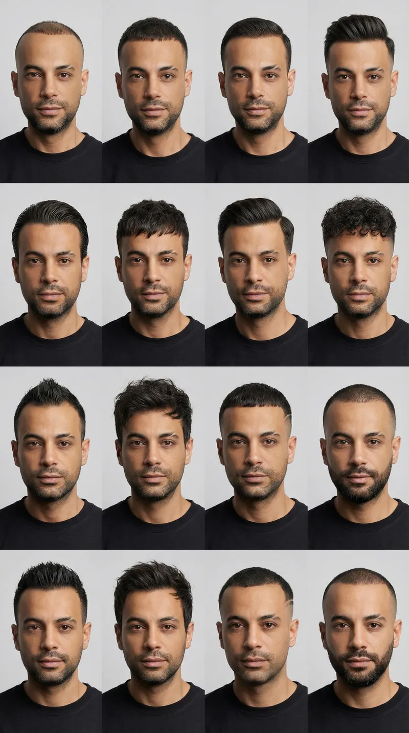 A 3×4 grid of hairstyle variations for a single subject, bas…