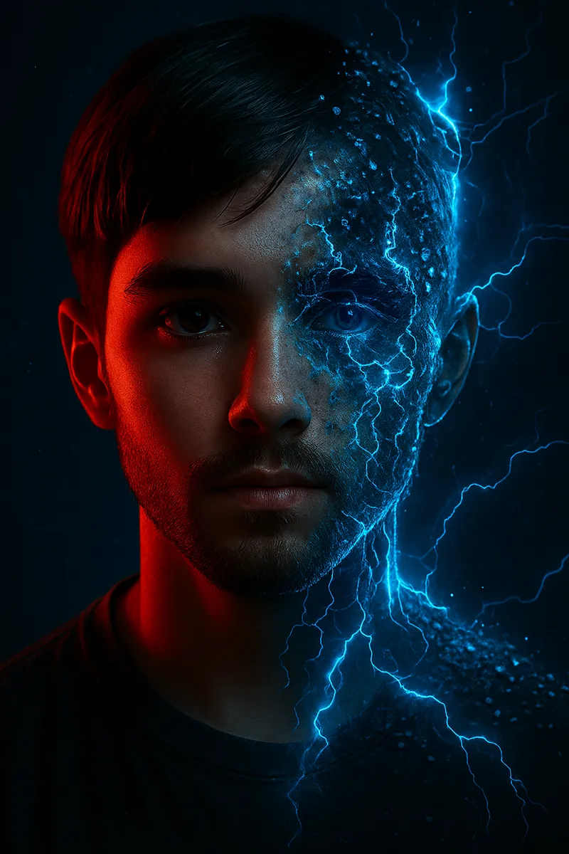 A hyper-realistic portrait of a young man with short dark ha…