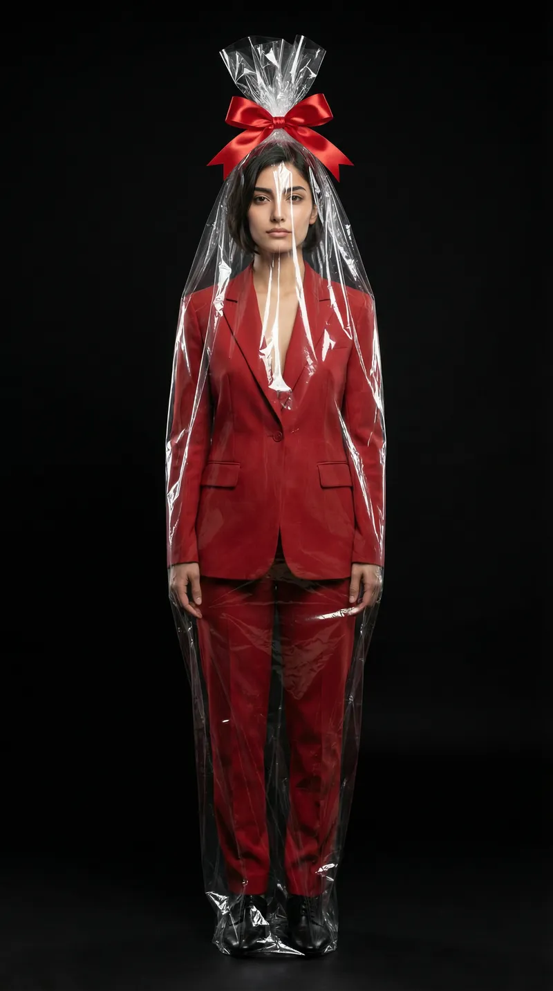 A hyper-realistic, gender-neutral fashion portrait based str…