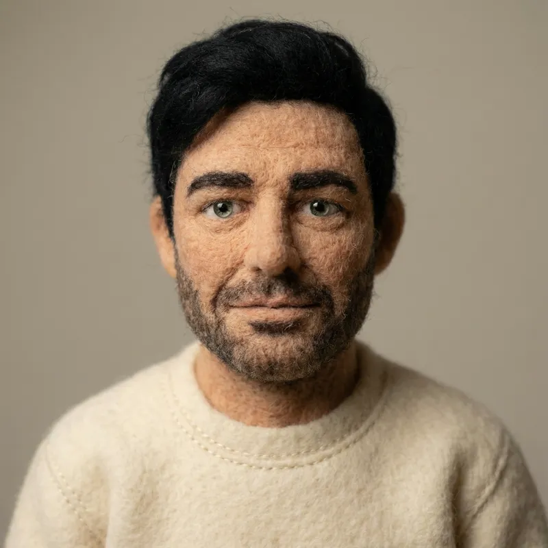 Transform the uploaded person into a handmade needle-felted…