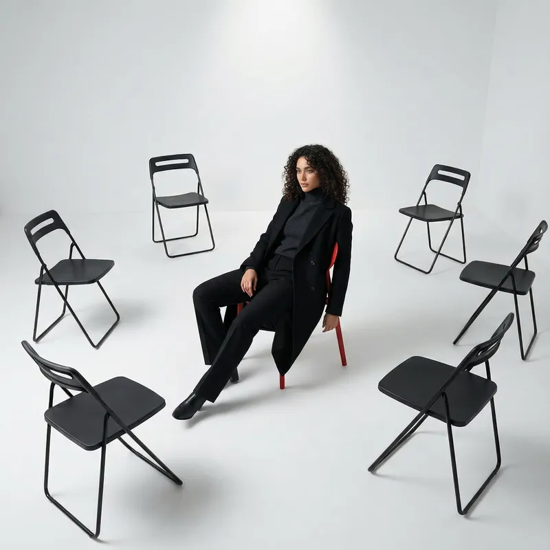 A high-fashion minimalist editorial shot of the reference pe…