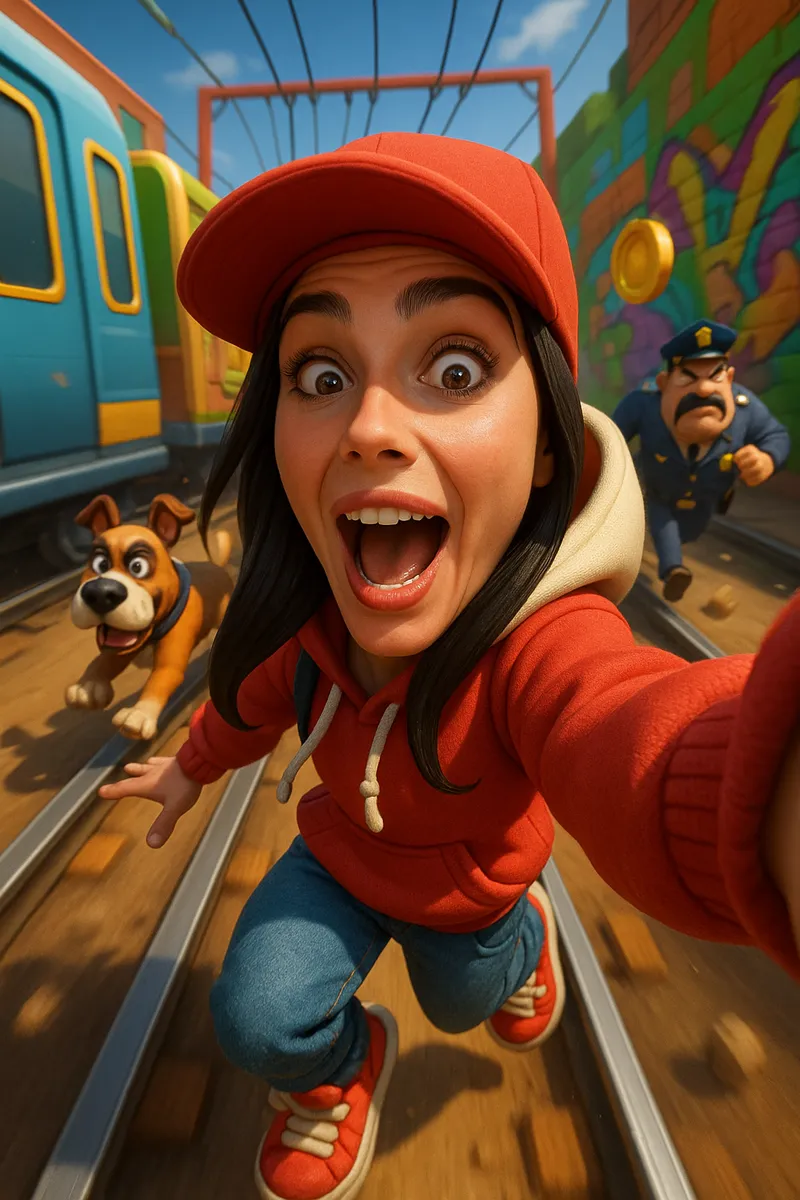 A hyper-realistic yet cartoonish selfie-style image from an…