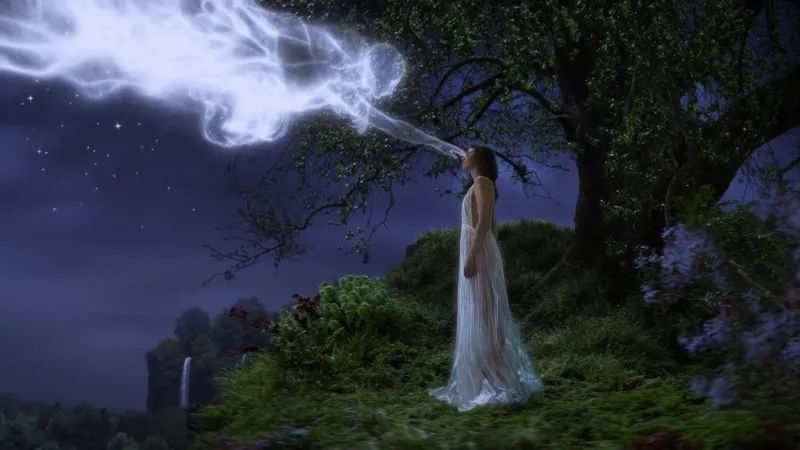 A moonlit, cinematic moment: a 20-year-old woman (Caucasian,…